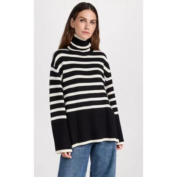 NWOT Black & White Striped Mock Neck Sweater Womens Large Oversized Fit - Picture 4 of 8